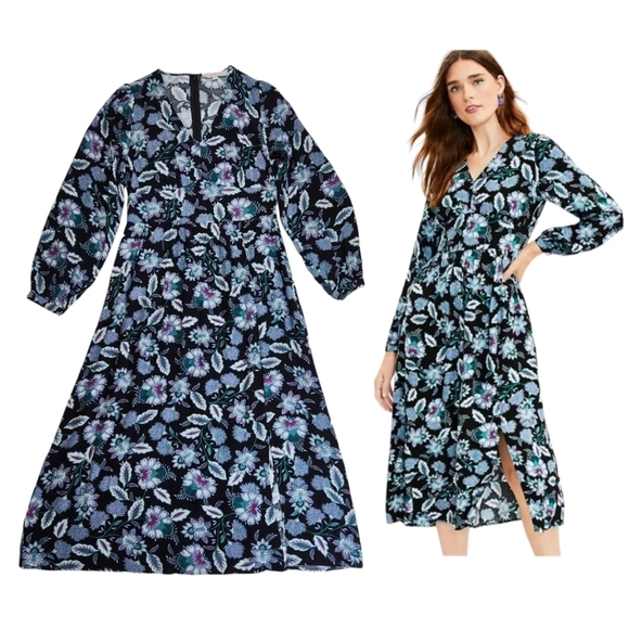 LOFT Dresses & Skirts - NWT LOFT Dresses Floral V-Neck Midi Dress Blue & Black Size 6